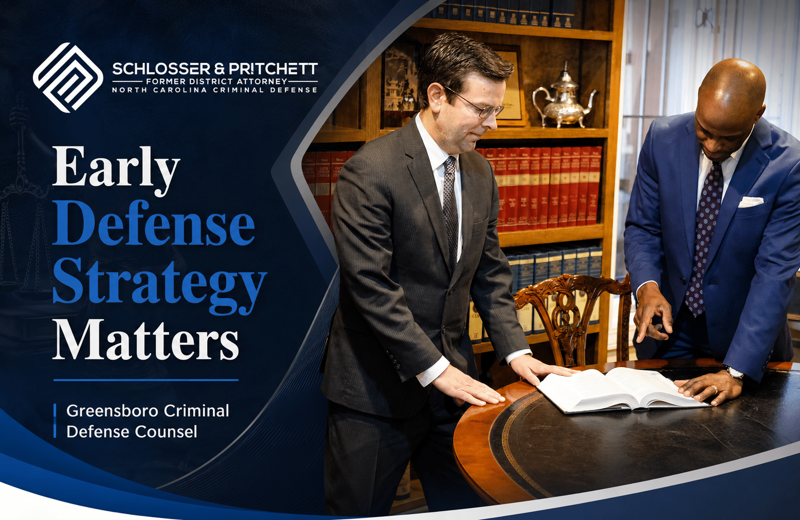 Jan Pritchett and Steve Wayne of Schlosser & Pritchett reviewing a legal book for a Greensboro criminal defense strategy article