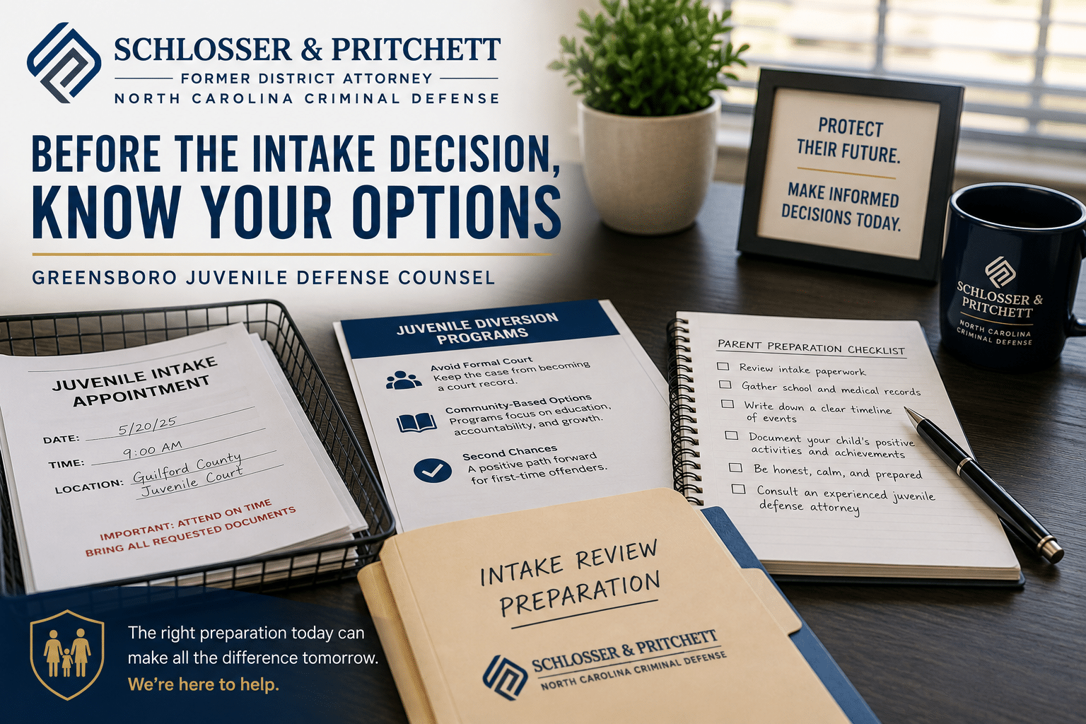 Schlosser and Pritchett graphic encouraging parents to prepare before a North Carolina juvenile intake decision