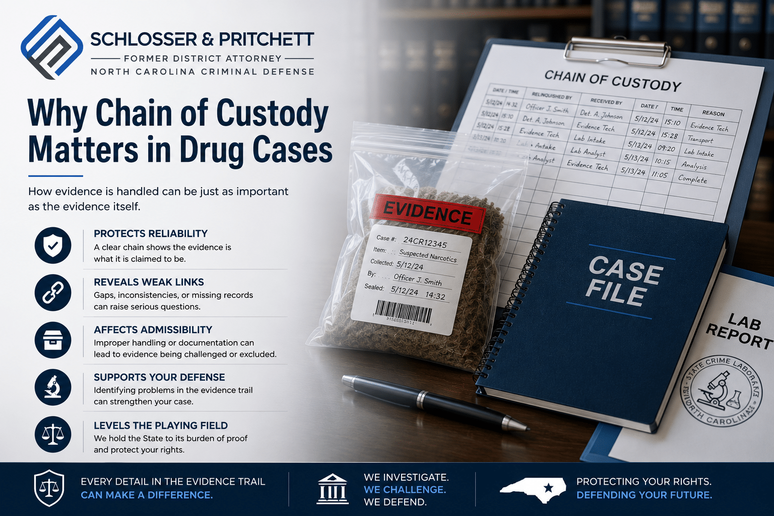 Chain of custody matters in North Carolina drug cases graphic for Schlosser & Pritchett
