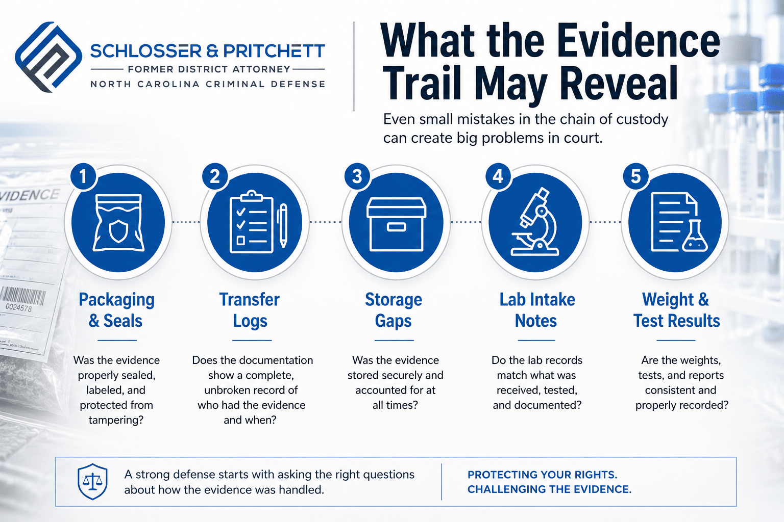 Mini infographic showing what the evidence trail may reveal in a North Carolina drug case, including packaging, transfer logs, storage gaps, lab intake notes, and test results