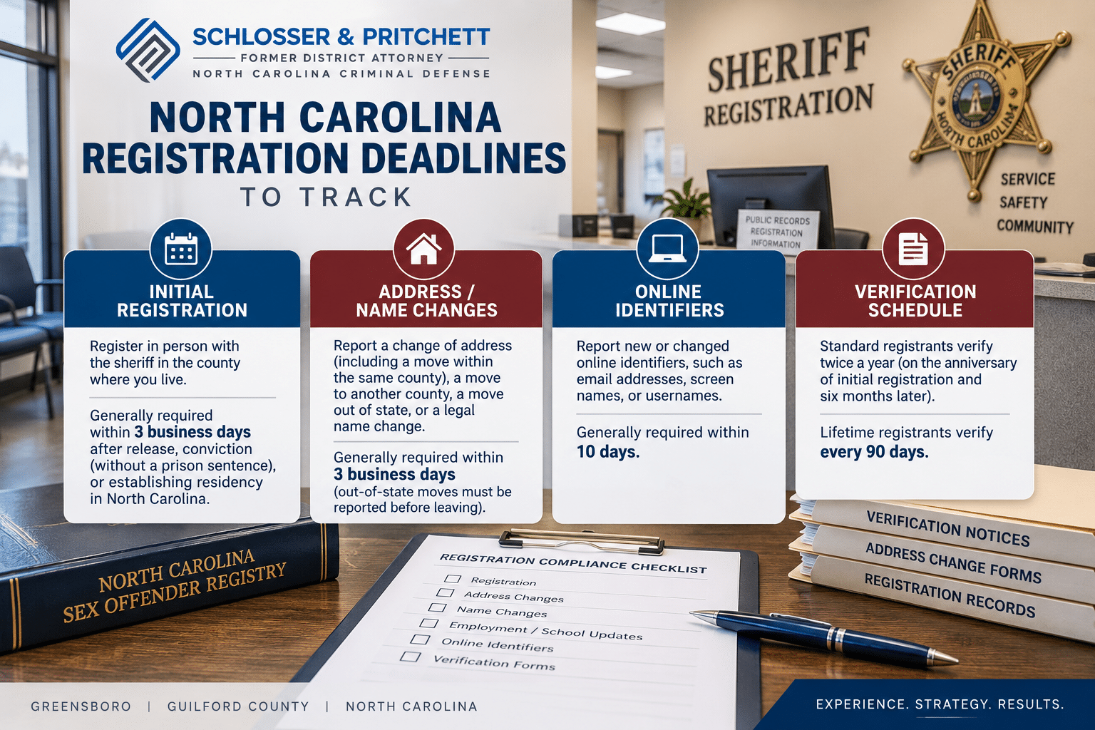 Infographic showing key North Carolina sex offender registration deadlines for initial registration, address and name changes, online identifiers, and verification schedules