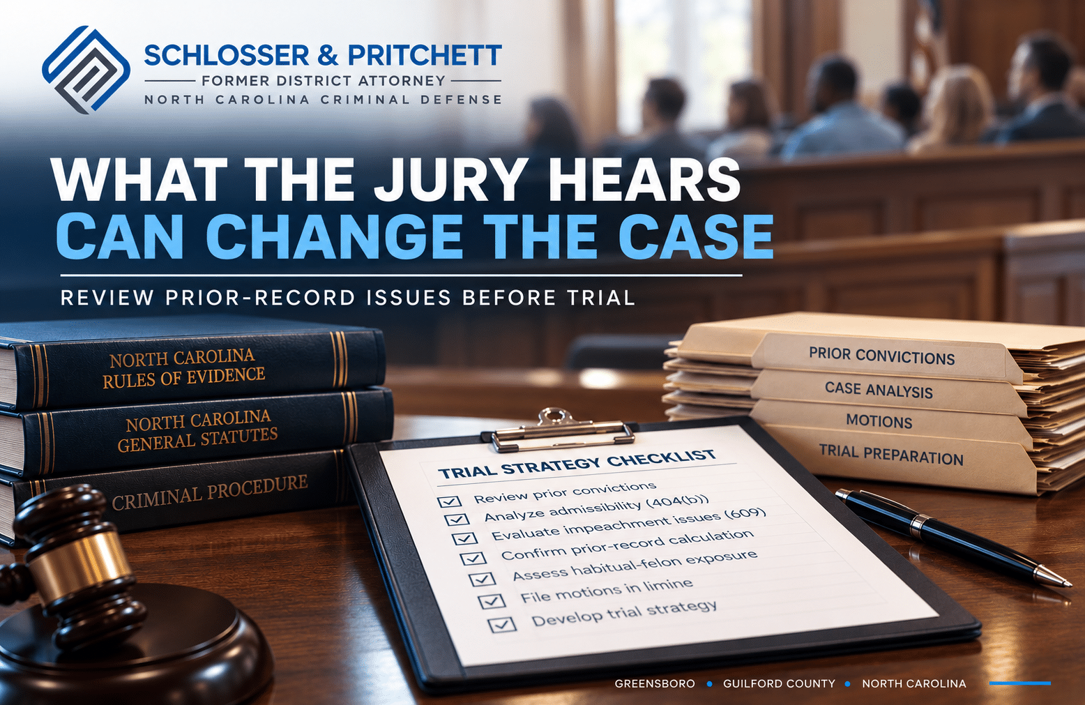 Schlosser and Pritchett graphic about reviewing prior convictions before trial and how jury evidence can affect a North Carolina criminal case