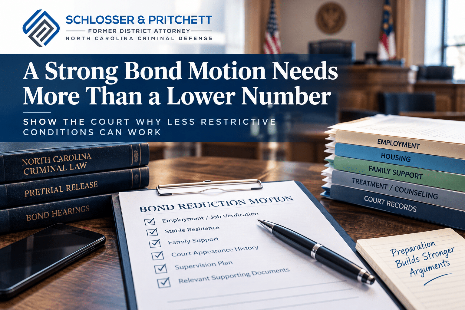 Schlosser and Pritchett bond reduction strategy graphic showing employment, residence, family support, treatment, supervision, and court history evidence